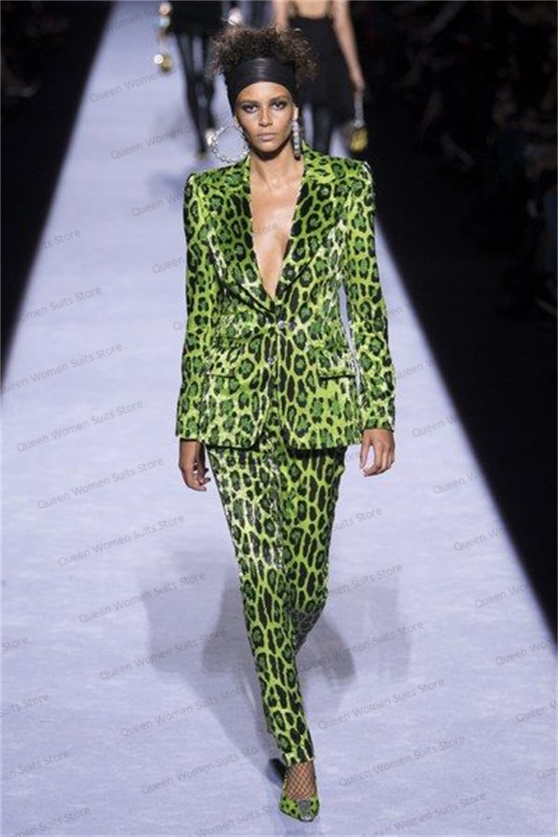 Women'S Formal Jackets To Wear With Dresses - Sequins Leopard Women Suit Set Blazer+Pants