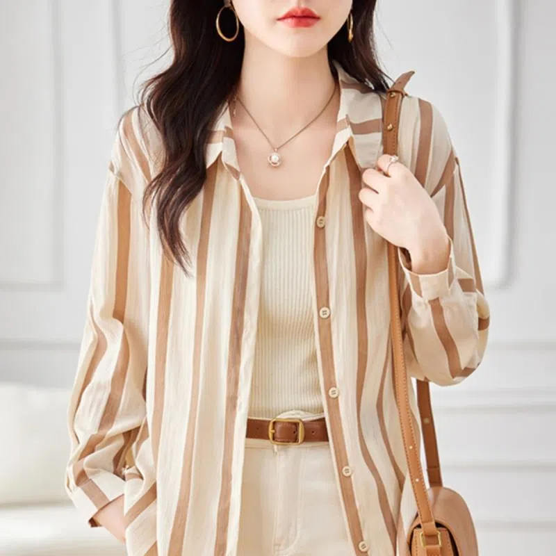 Apricot Striped Long Sleeved S - Women Formal Wear Shirts avis et prix